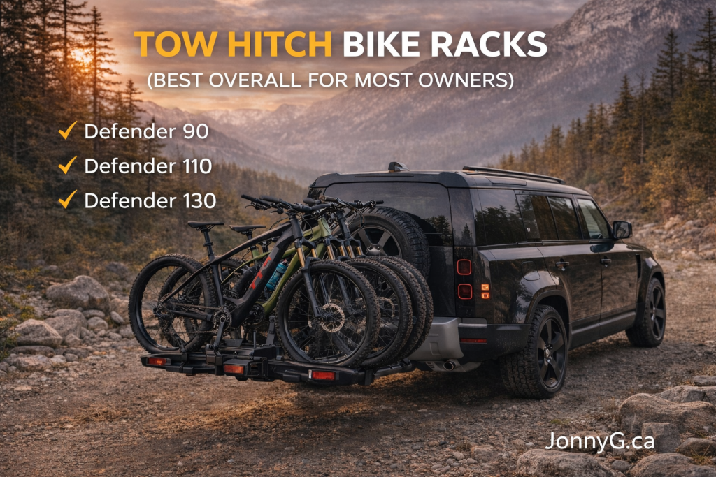 Land Rover Defender carrying bikes on hitch rack for camping and outdoor adventure