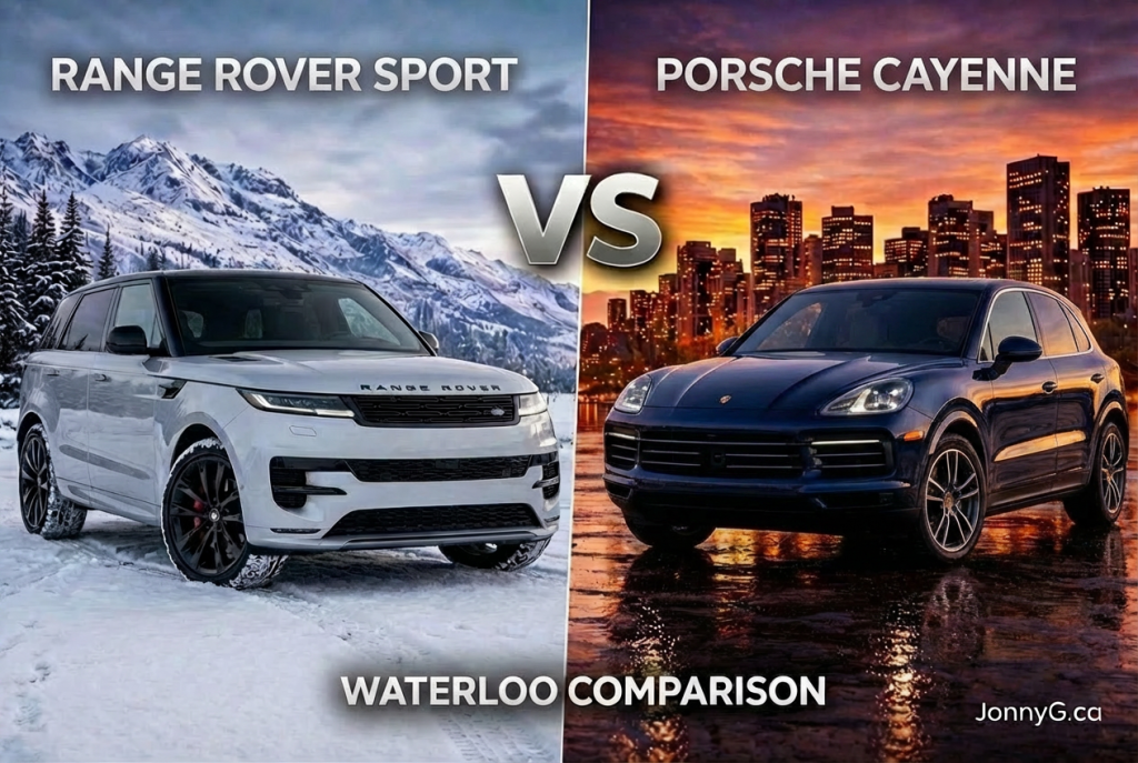 Range Rover Sport vs Porsche Cayenne comparison in Waterloo Region showing luxury SUV performance comfort and design differences