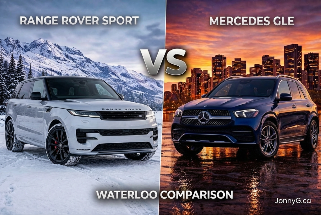 Range Rover Sport vs Mercedes GLE comparison in Waterloo Region showing luxury SUV differences in performance comfort and winter driving